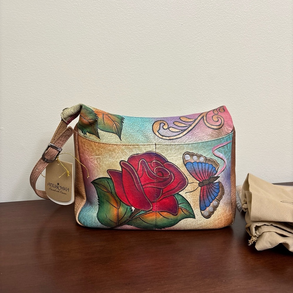 Anuschka Shoulder Bag Butterfly Hand Painted Flowers Duster Bag New